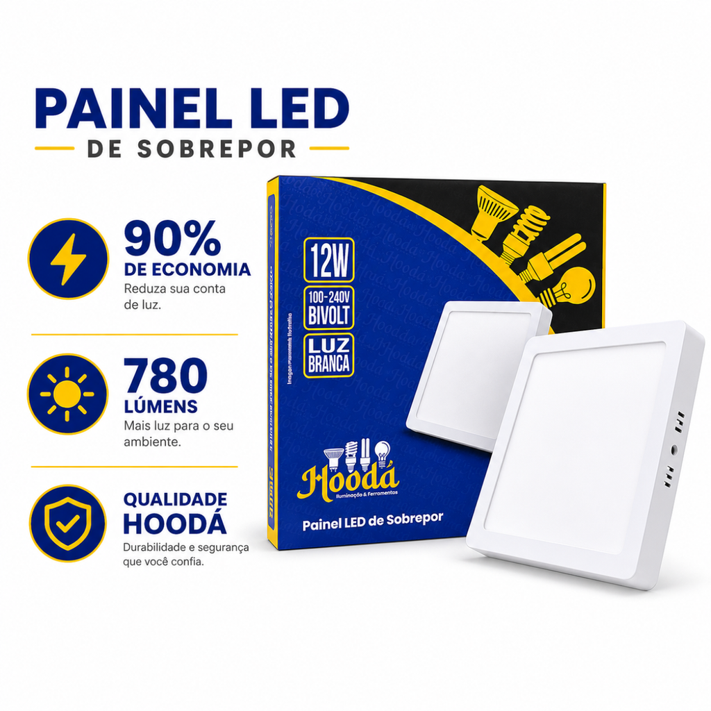 Painel LED Quadrado de Sobrepor 12W 6500K Luz Branca