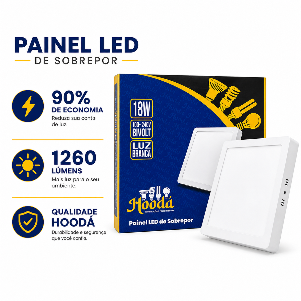 Painel LED Quadrado de Sobrepor 18W 6500K Luz Branca