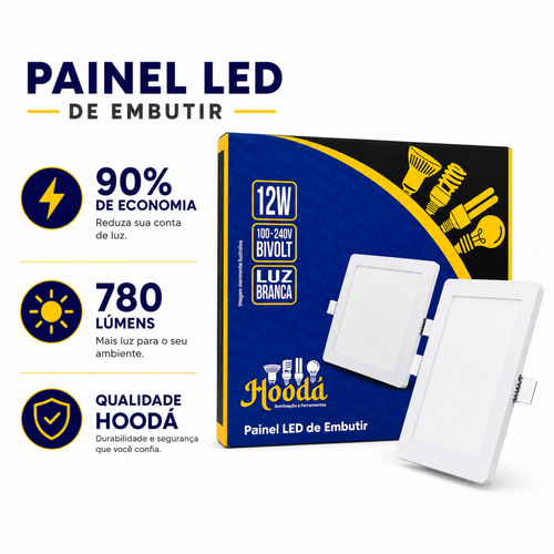 Painel LED Quadrado de Embutir 12W 6500K Luz Branca