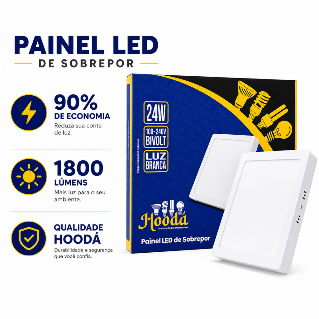 Painel LED Quadrado de Sobrepor 24W 6500K Luz Branca