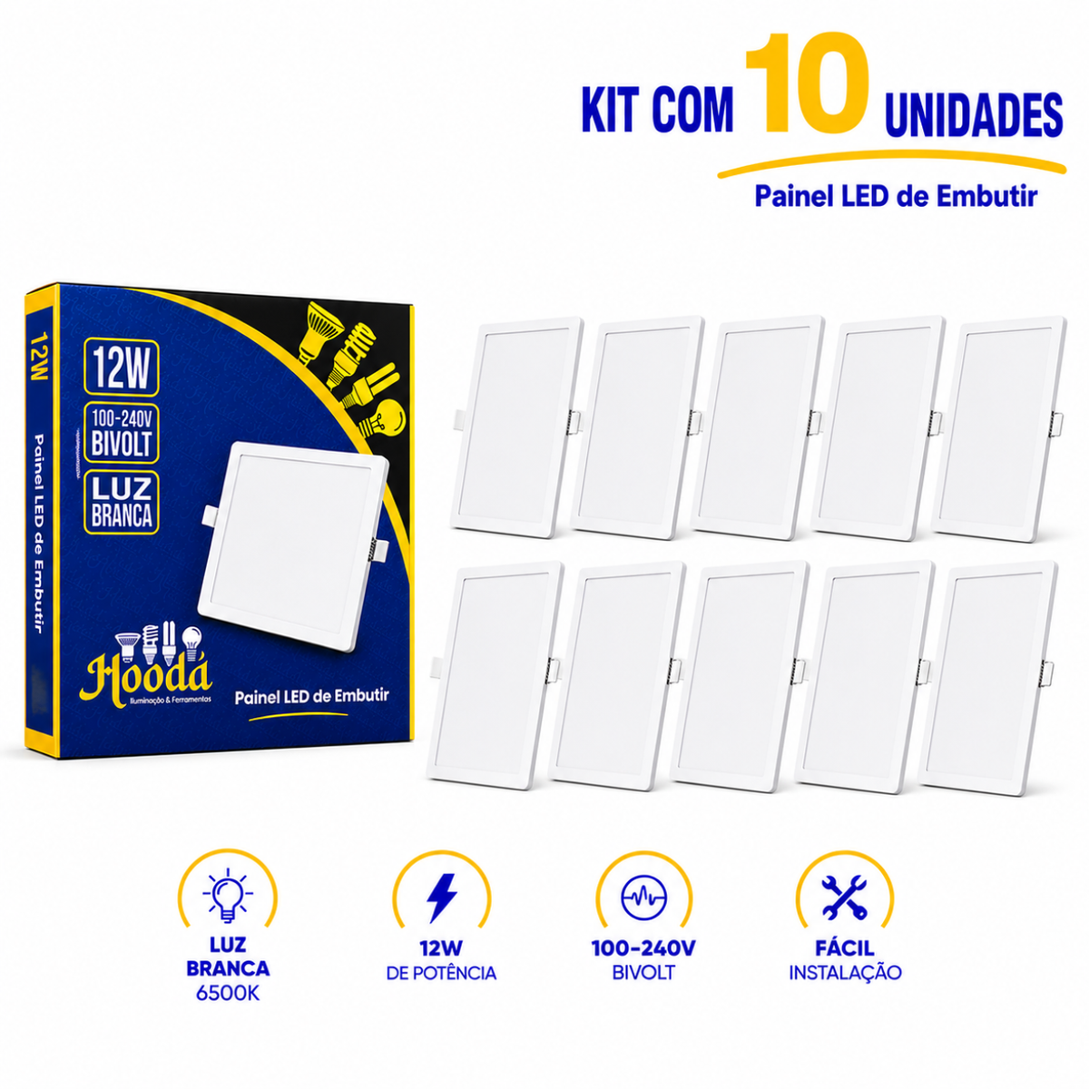 Painel LED Quadrado de Embutir 12W 6500K Luz Branca