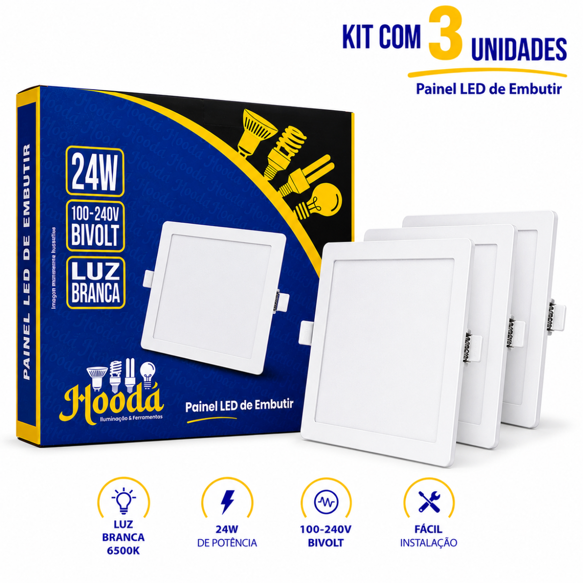 Painel LED Quadrado de Embutir 24W 6500K Luz Branca