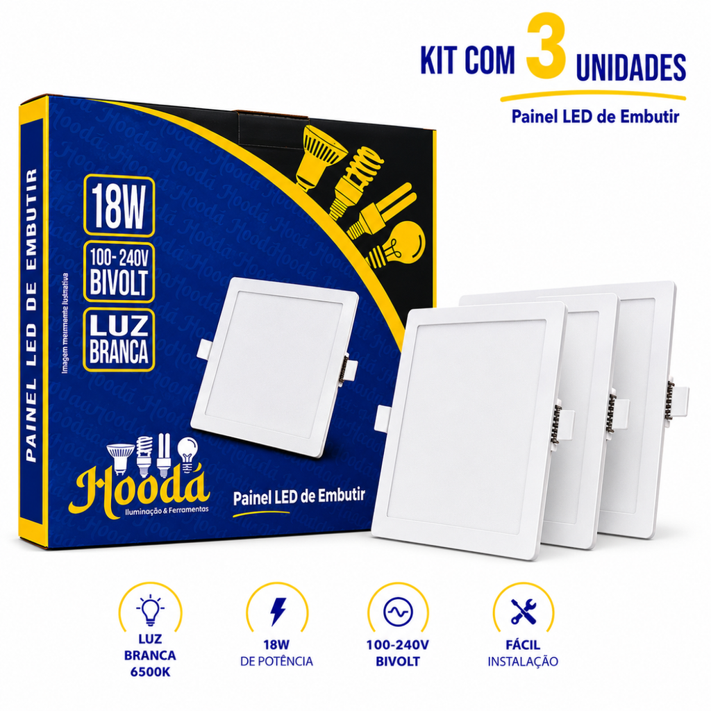 Painel LED Quadrado de Embutir 18W 6500K Luz Branca