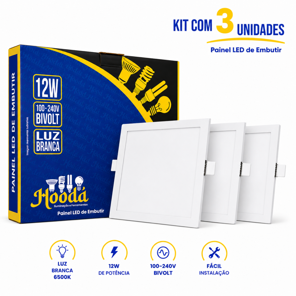 Painel LED Quadrado de Embutir 12W 6500K Luz Branca