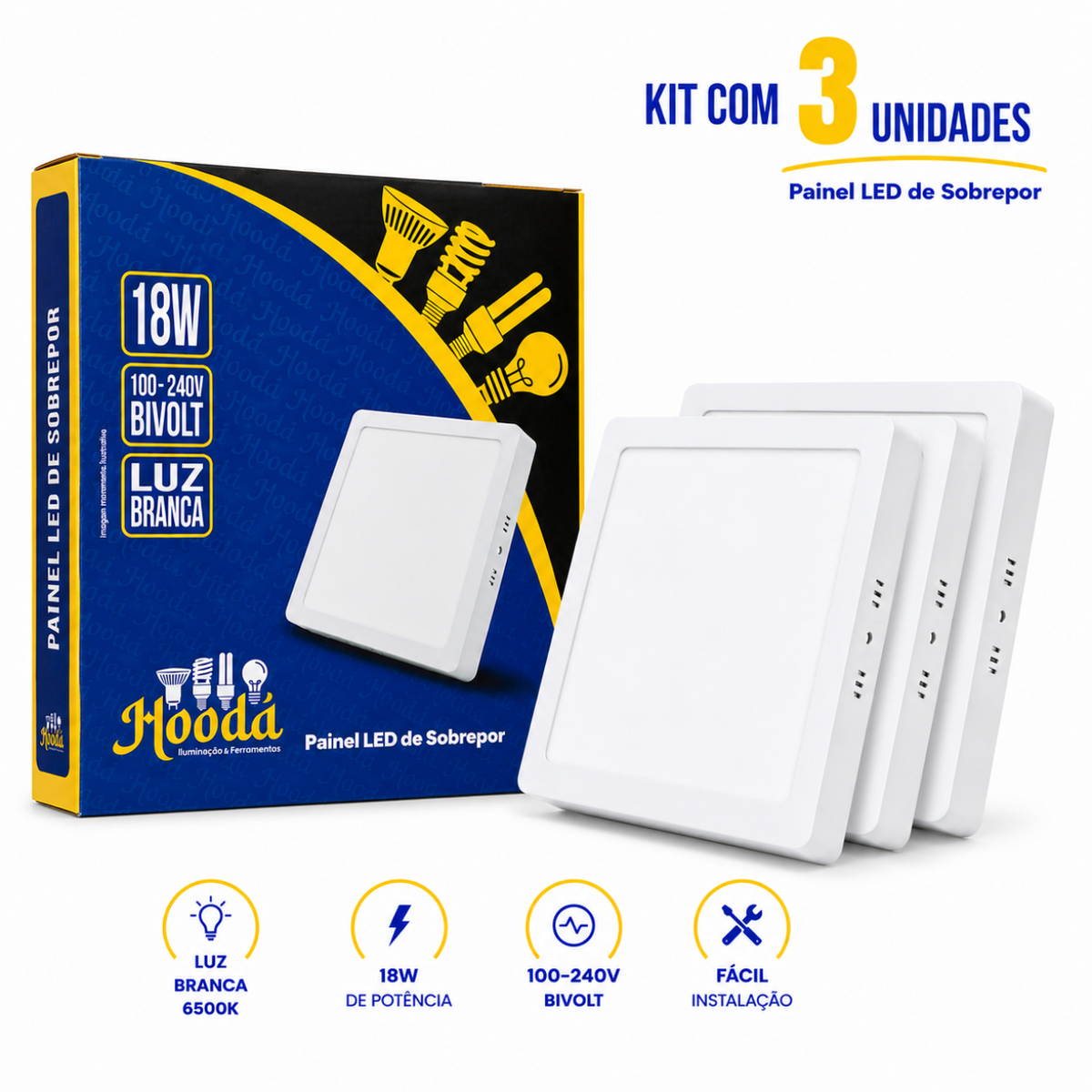 Painel LED Quadrado de Sobrepor 18W 6500K Luz Branca